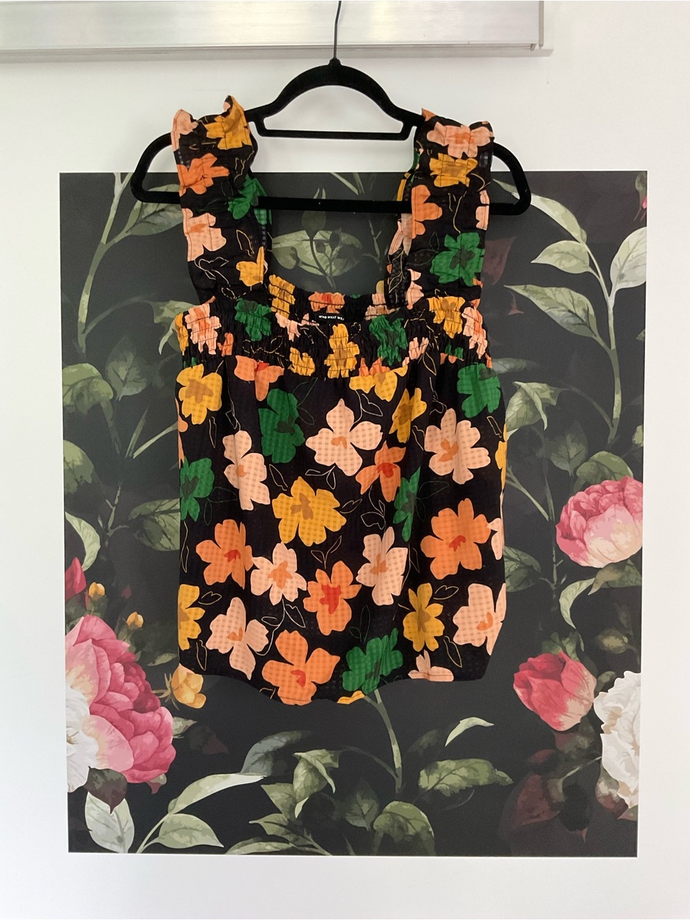 Who What Wear Black Floral Smocked Square-Neck Tank